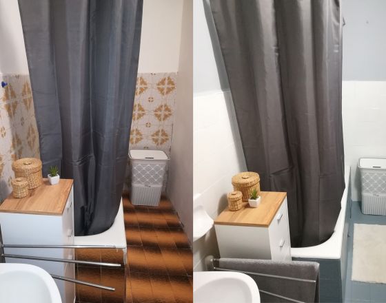 Oldalfali csempén: COROR Klórkaucsuk bevonat fehér színben, 2 rétegben. Járólapon: VALMOR Garázs festék ezüstszürke színben